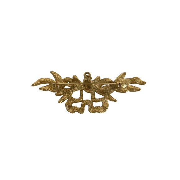 Gold Tone Leaf Bow Ribbon Brooch Pin Textured Vintage Accessory - Picture 2 of 3
